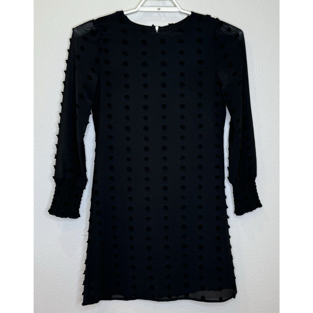 Versona Black on Black Swiss‎ Dot Shift Dress Size Small Sheer Long Sleeve Lined